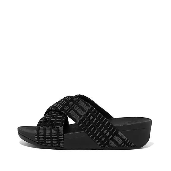 Klapki FitFlop LULU Art-Denim Cross Damskie Czarne | 86504296